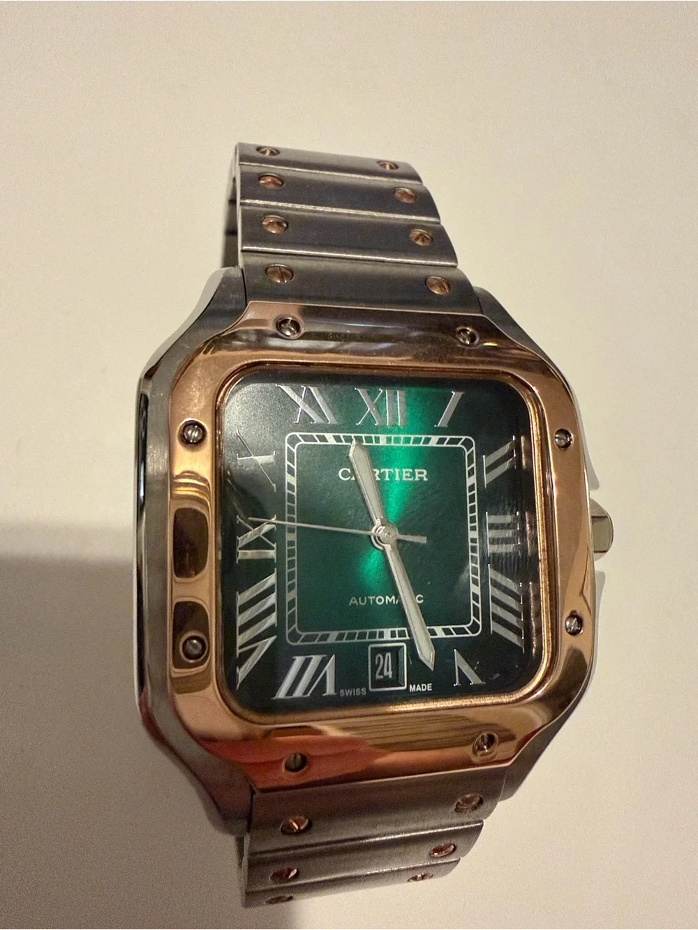 Cartier Santos Two Tone Watch Green Dial.